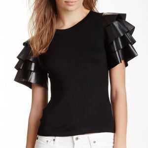Gracia Black Faux Leather Ruffle Sleeve Top Large